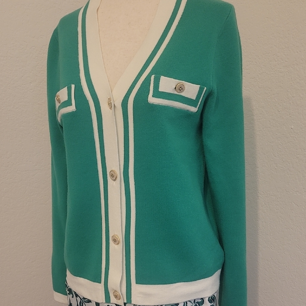 Adrienne Vittadini Green and Cream Cardigan